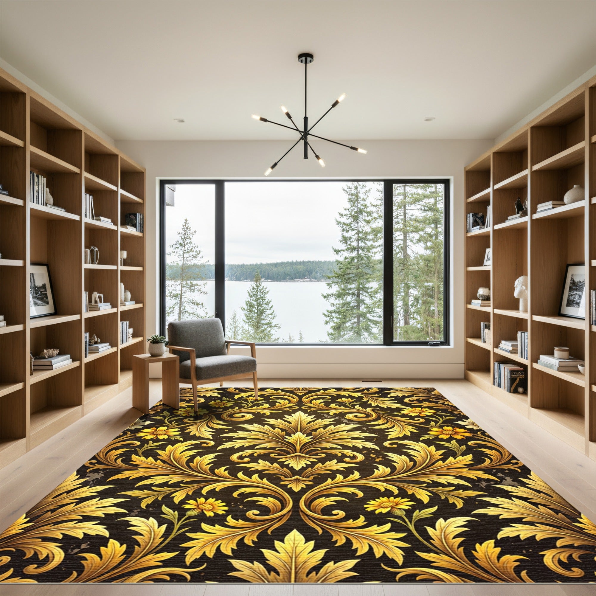 Ornate Golden Floral Damask Scroll Rug