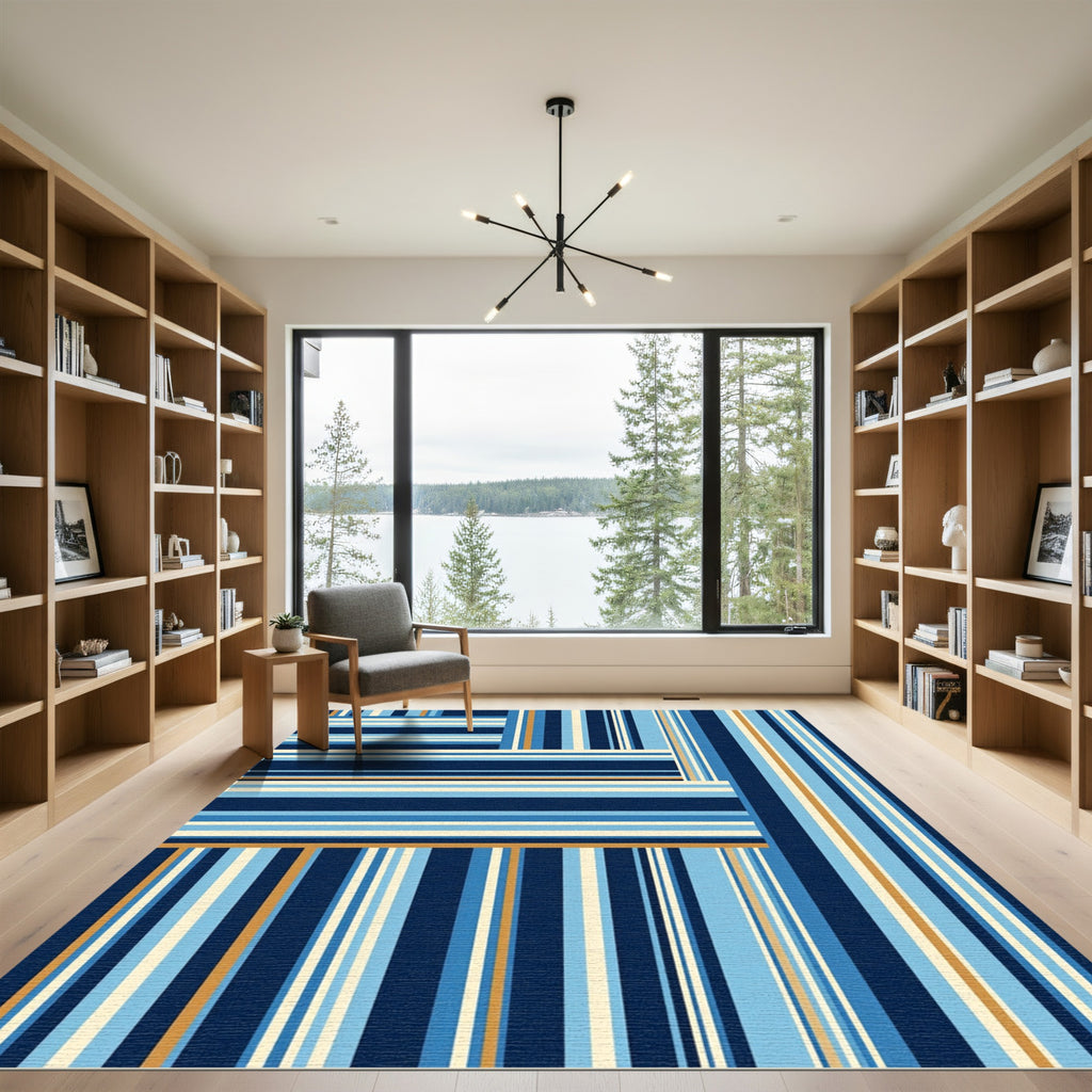 Navy Gold Blue Stripe Geometric Composition Rug