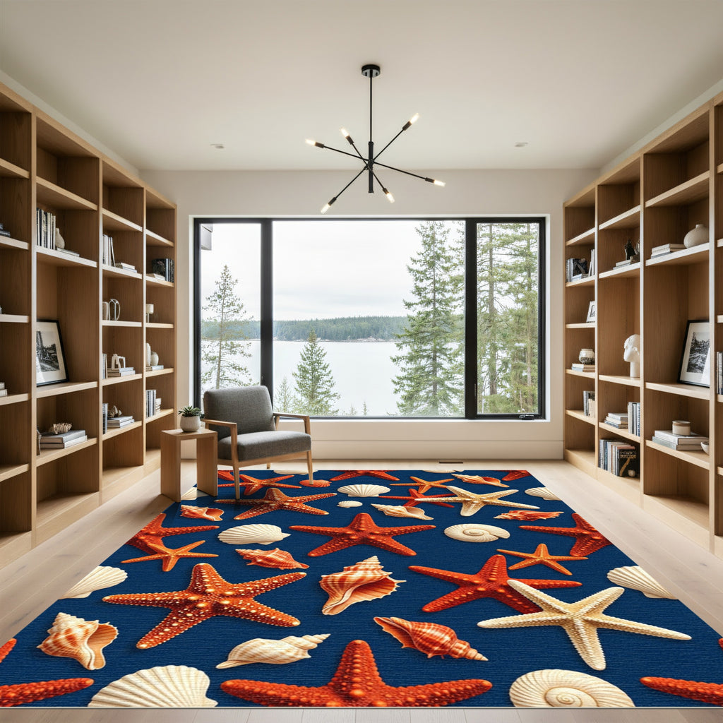 Vibrant Nautical Starfish and Seashell Deep Blue Rug
