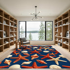 Vibrant Nautical Starfish and Seashell Deep Blue Rug