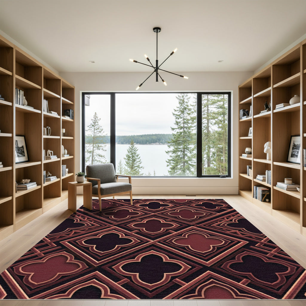 Geometric Deep Burgundy Quatrefoil Lattice Rug