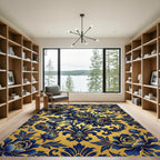 Ornate Royal Blue Gold Floral Damask Rug