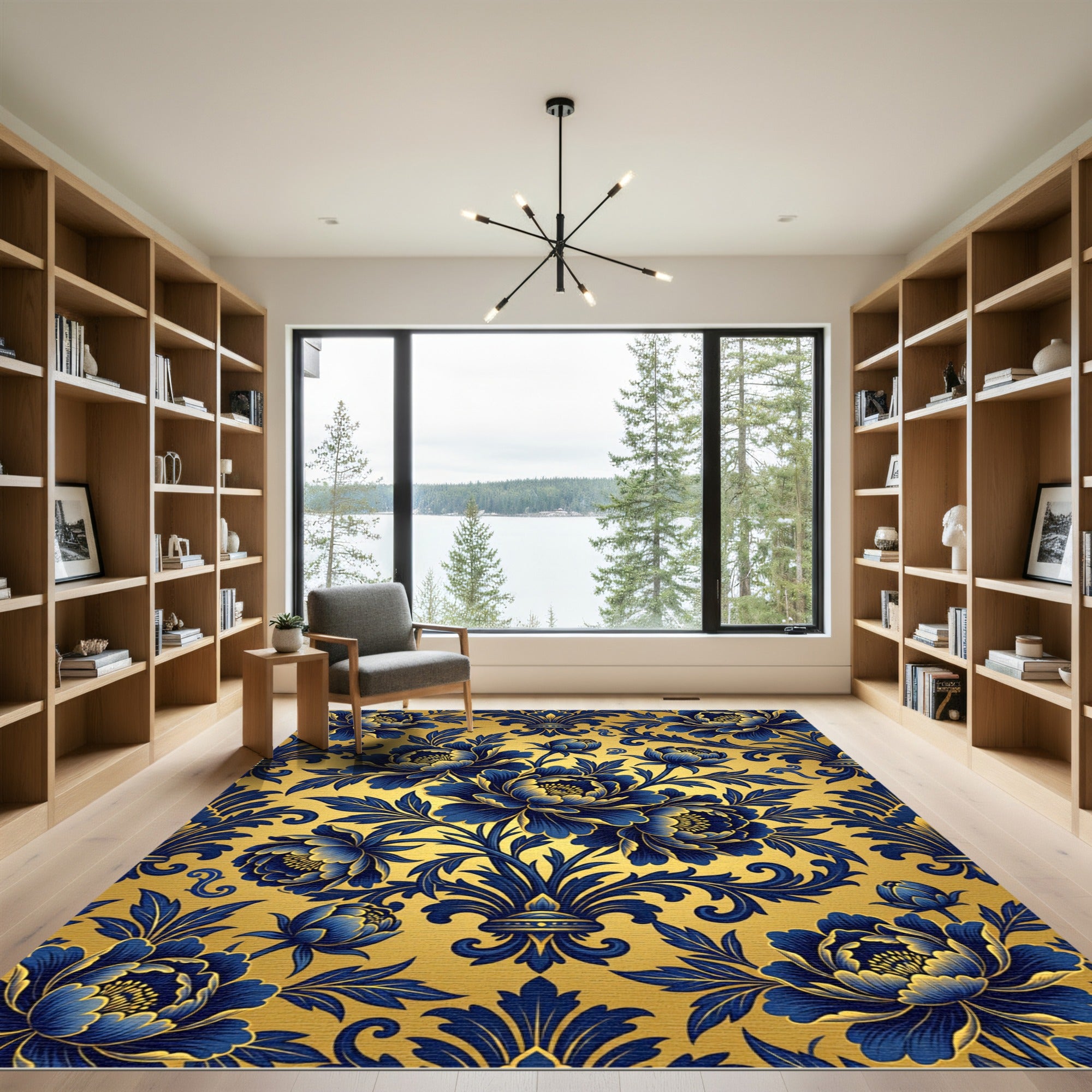 Ornate Royal Blue Gold Floral Damask Rug
