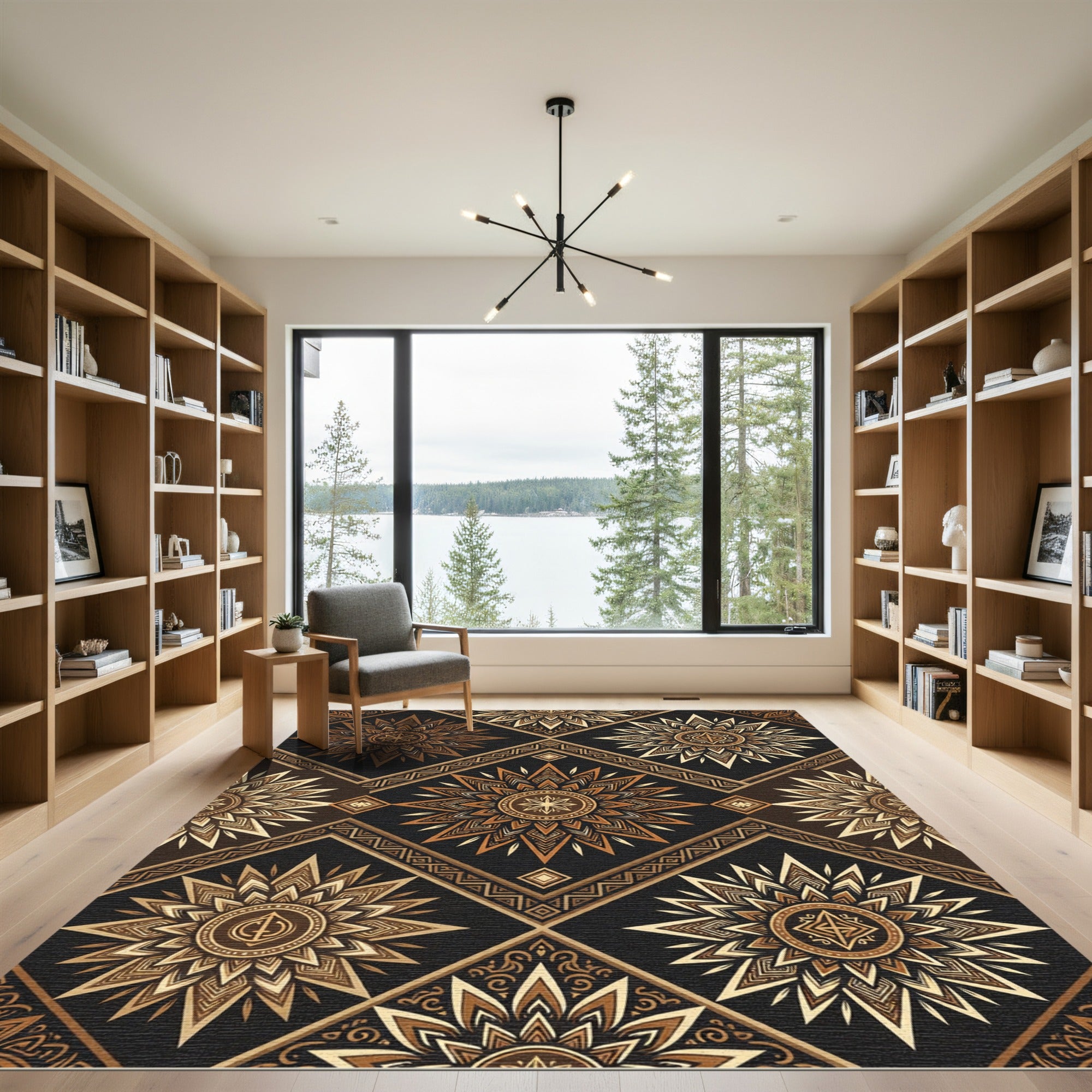 Golden Brown Sunburst Quatrefoil Diamond Rug