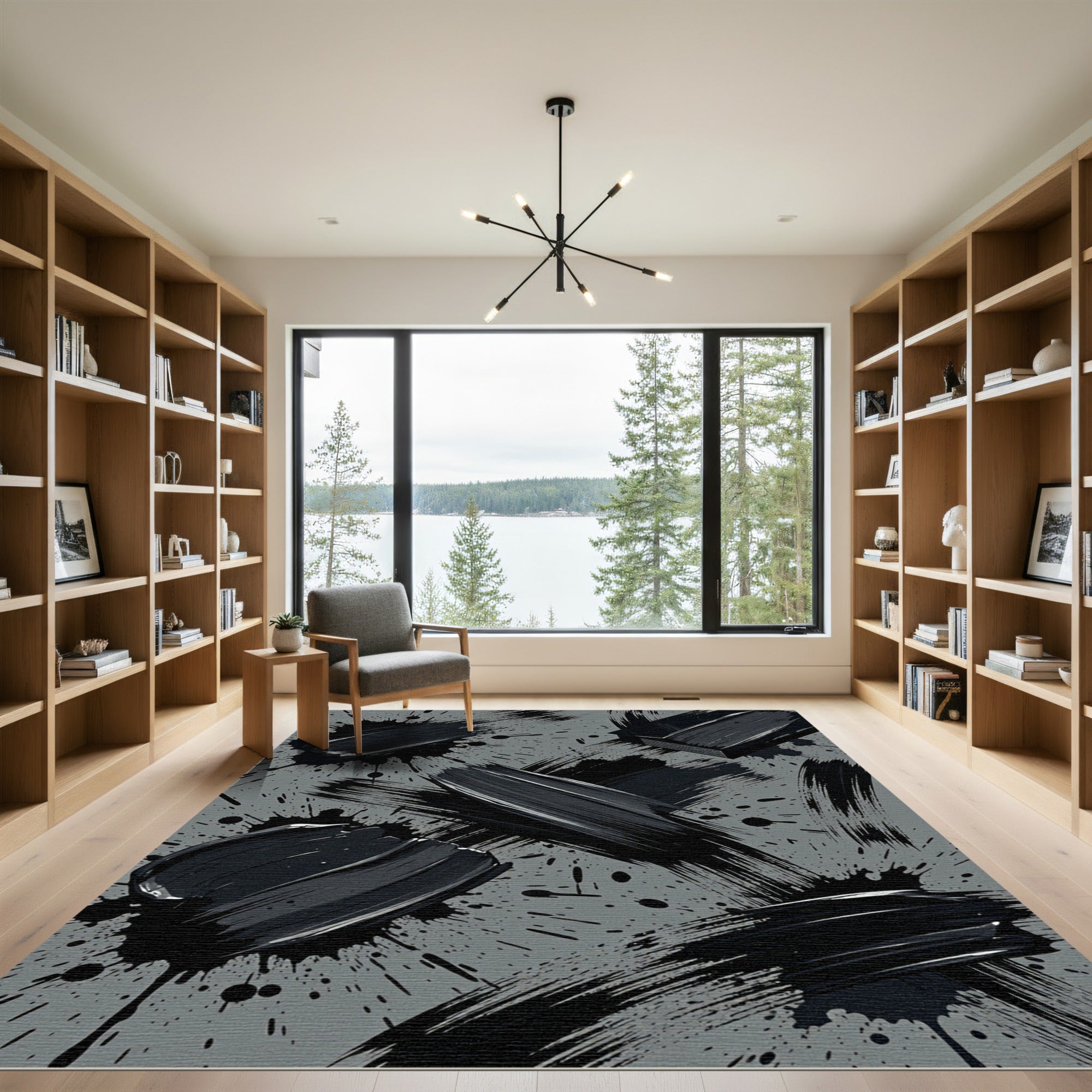 Modern Charcoal Black Ink Brush Strokes Rug
