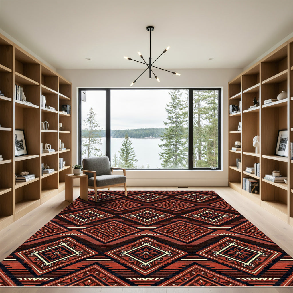 Rustic Red Diamond Geometric Zigzag Rug