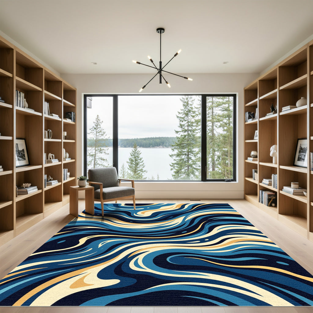 Deep Blue Golden Swirl Abstract Rug