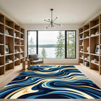 Deep Blue Golden Swirl Abstract Rug