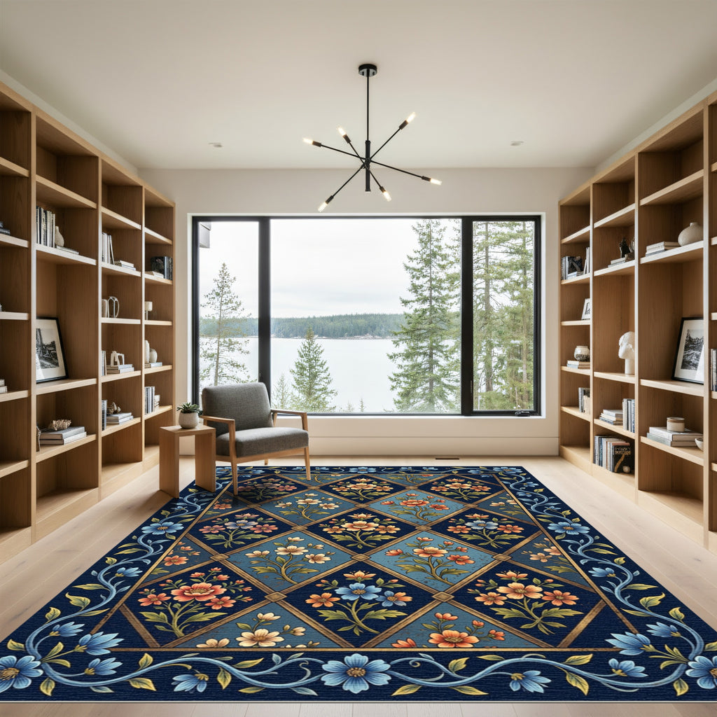 Floral Diamond Navy Blue Botanical Rug