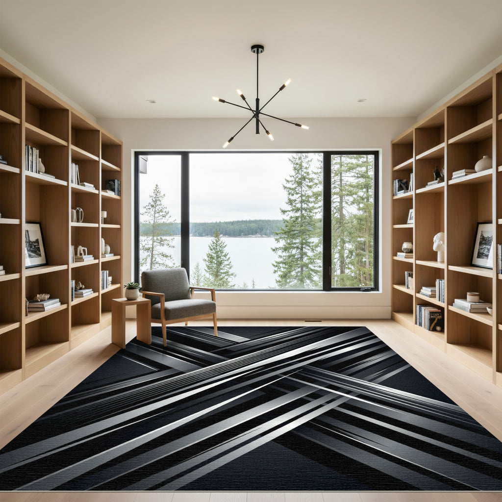 Modern Monochrome Geometric Intersecting Lines Rug
