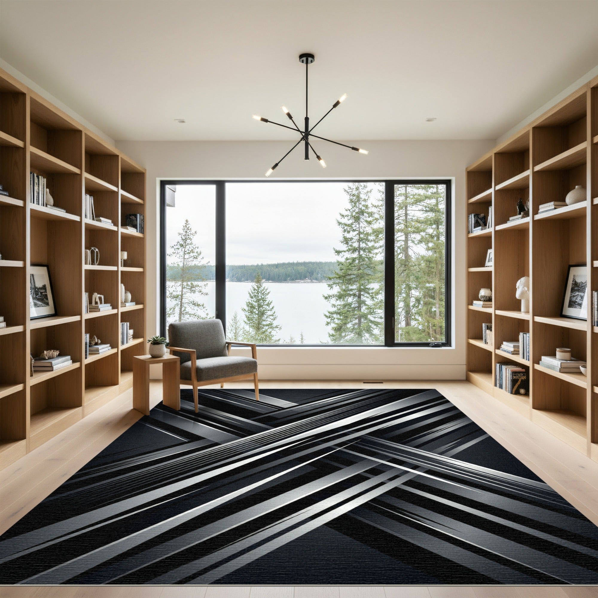 Modern Monochrome Geometric Intersecting Lines Rug