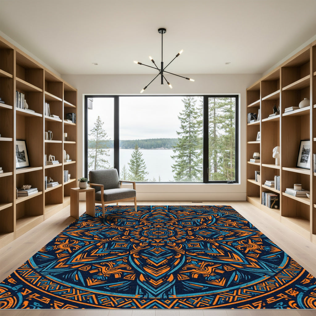 Abstract Orange Blue Geometric Mandala Rug