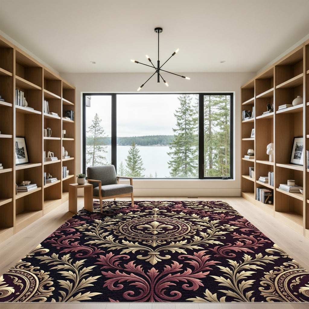 Regal Burgundy Gold Fleur-de-lis Swirls Rug