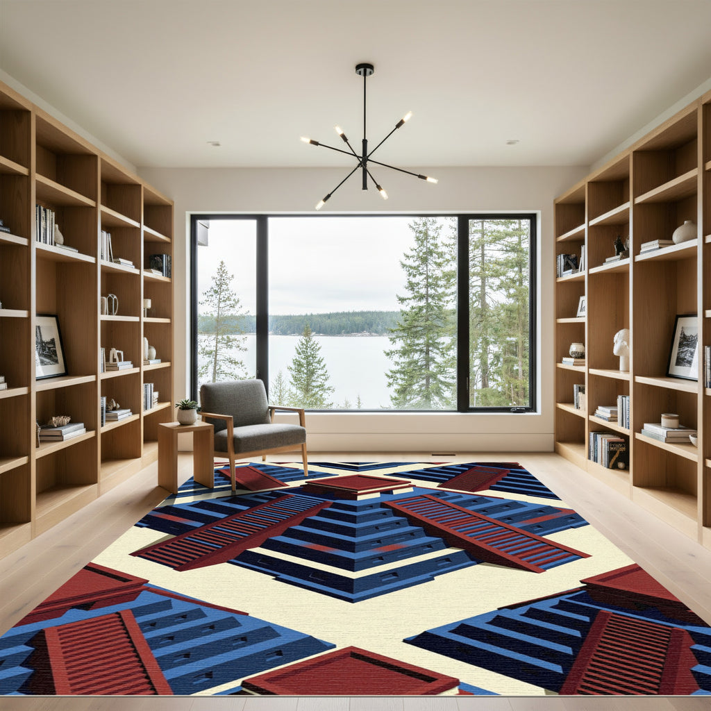 Geometric Blue Red Ziggurat Step Tile Rug