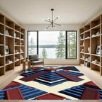 Geometric Blue Red Ziggurat Step Tile Rug