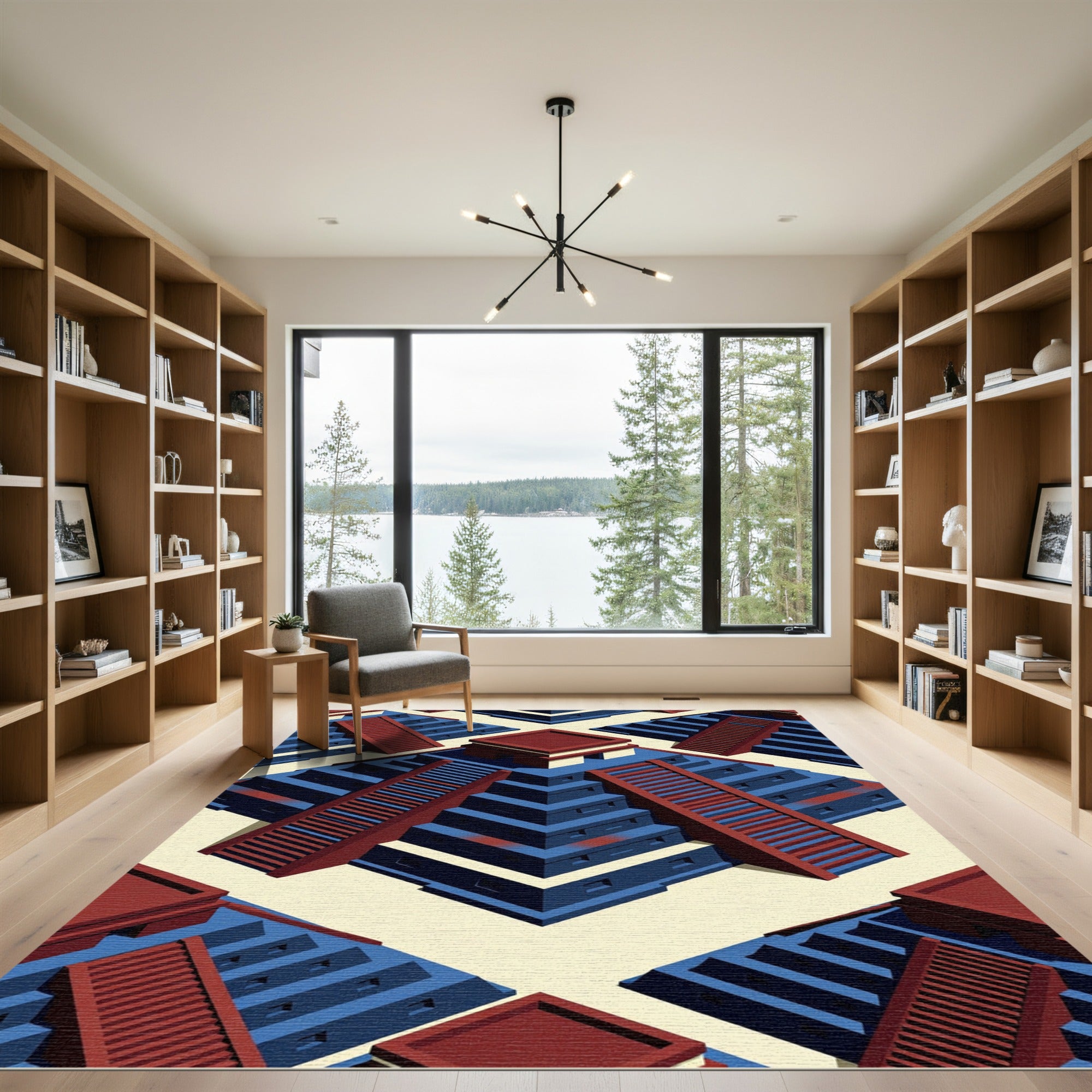Geometric Blue Red Ziggurat Step Tile Rug