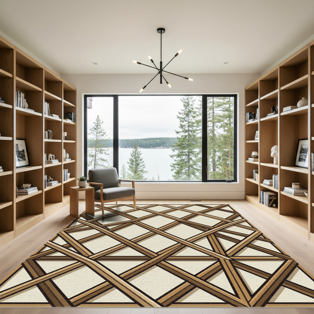 Modern Tan Wood Lattice Grid Rug
