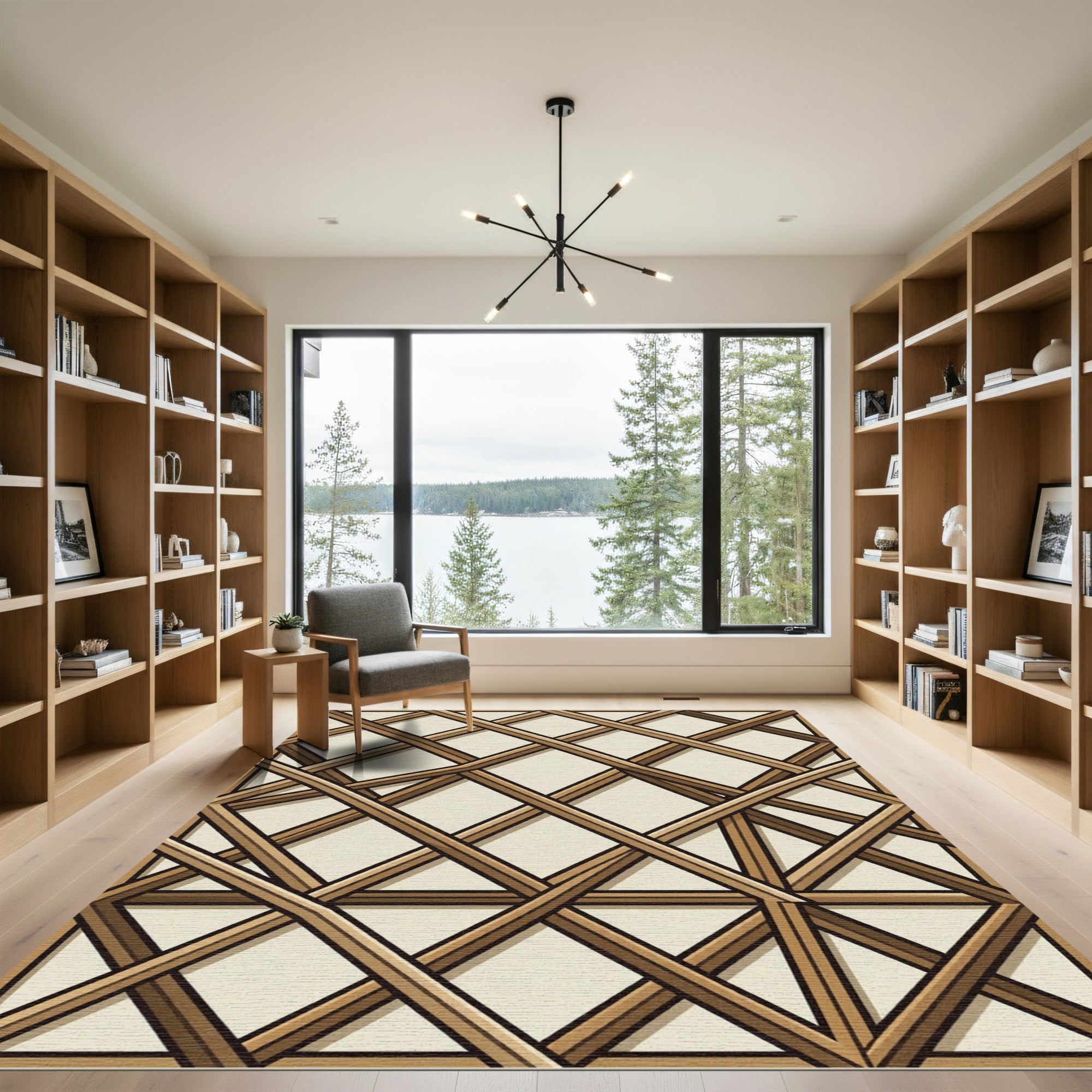 Modern Tan Wood Lattice Grid Rug