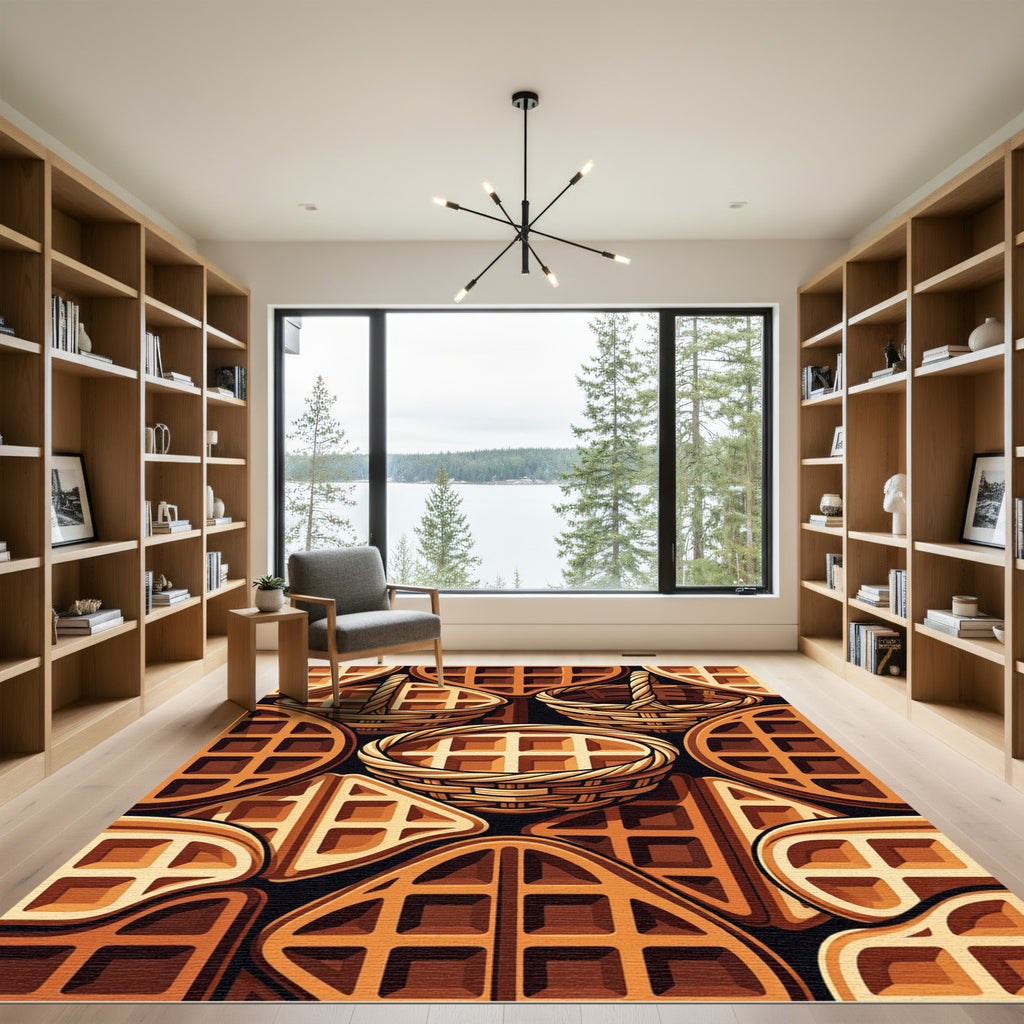 Warm Waffle Grid Golden Geometric Kitchen Rug