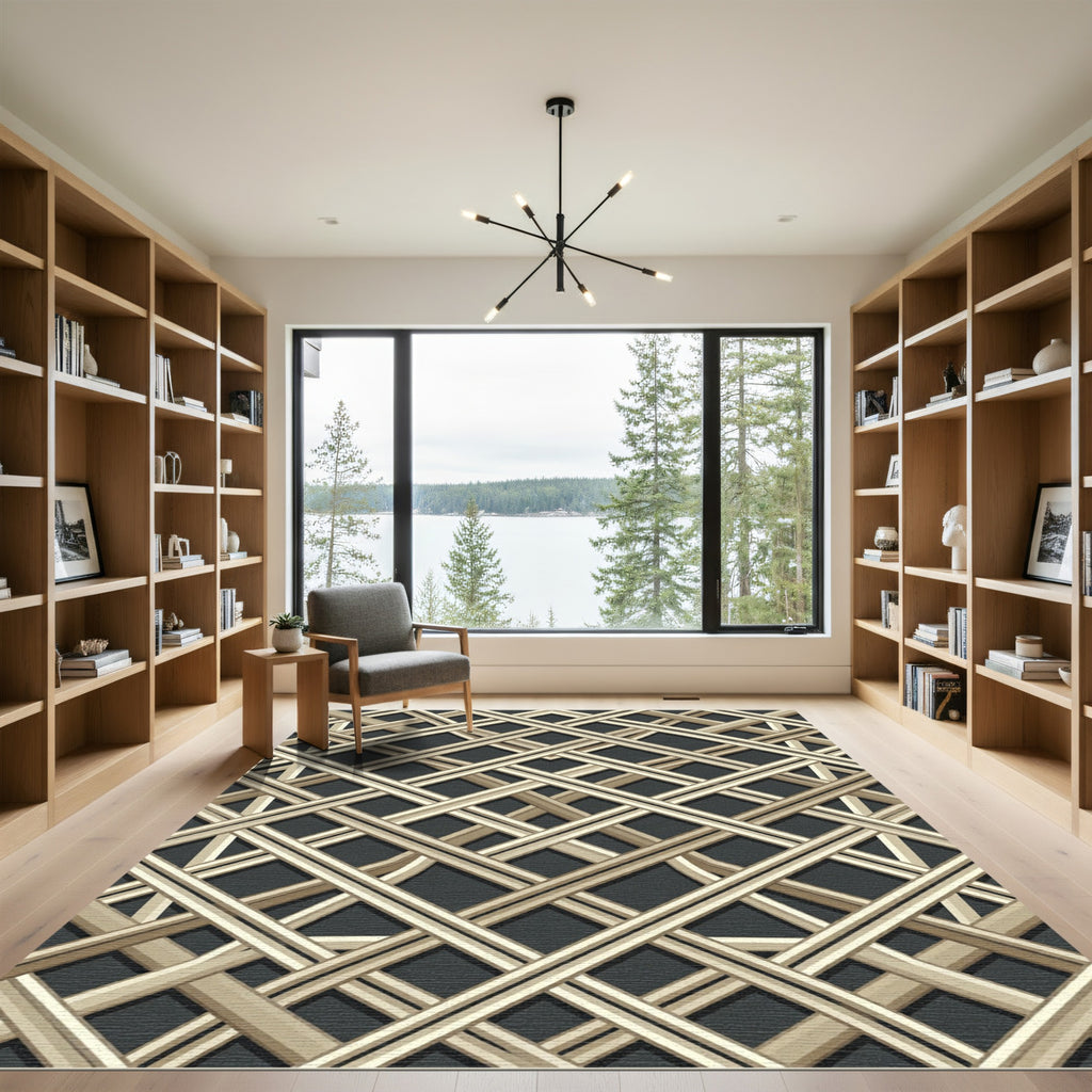 Golden Beige Interwoven Geometric Lattice Rug