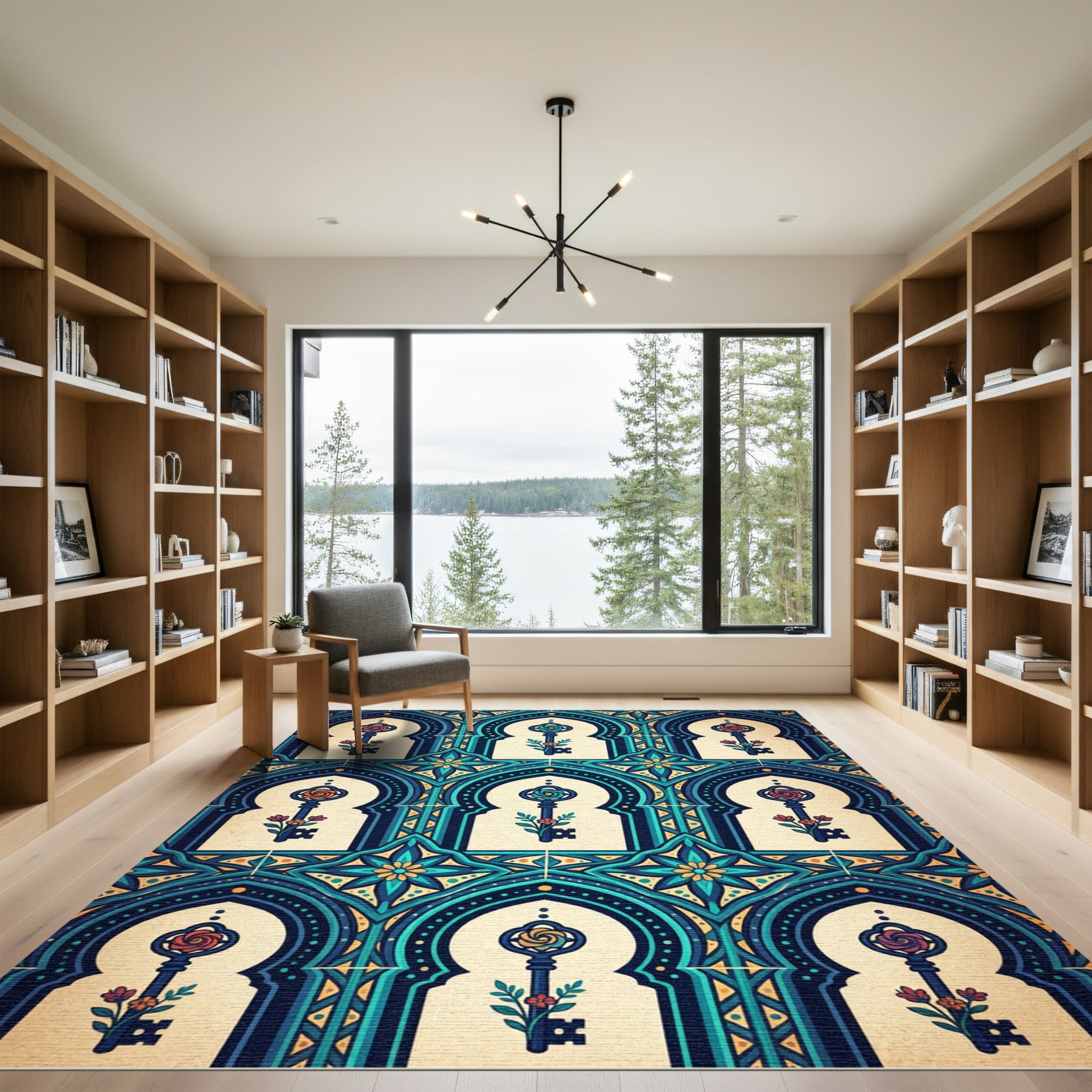 Ornate Teal Arch Floral Key Tapestry Rug