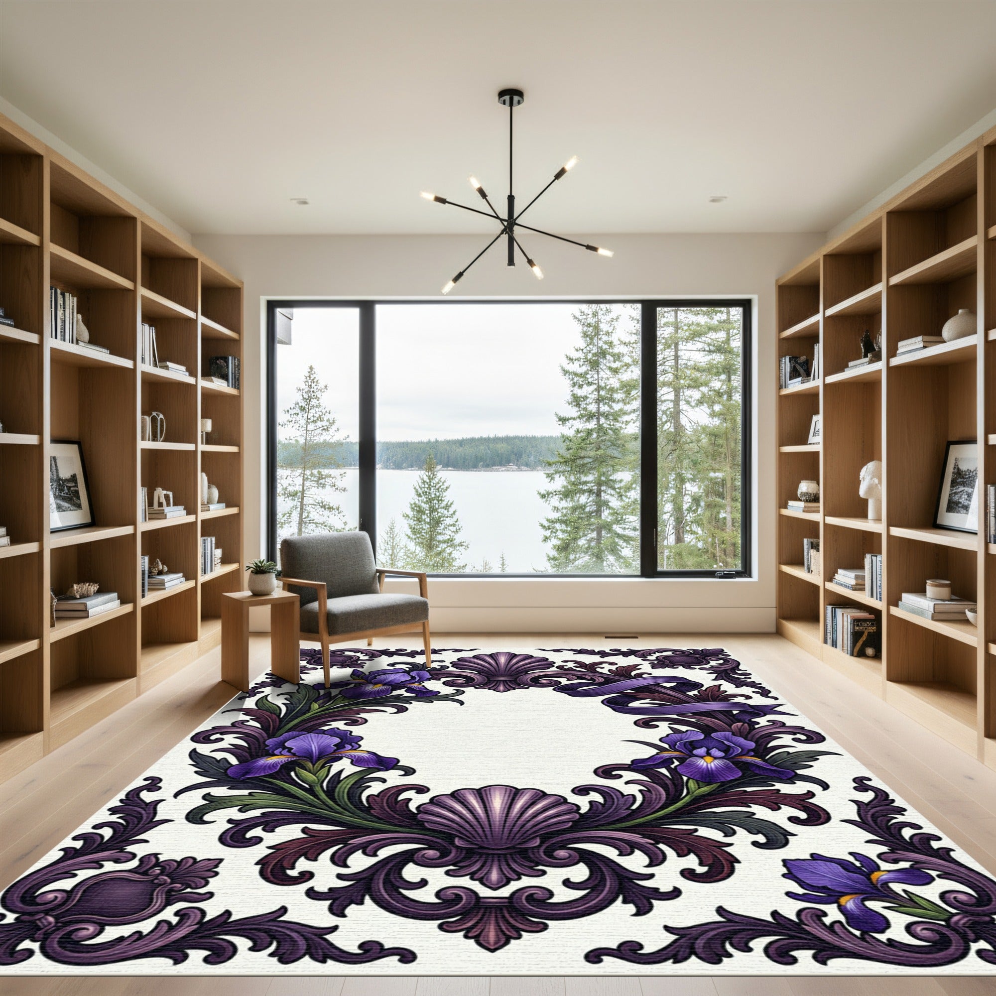 Elegant Purple Iris Floral Scrollwork Accent Rug