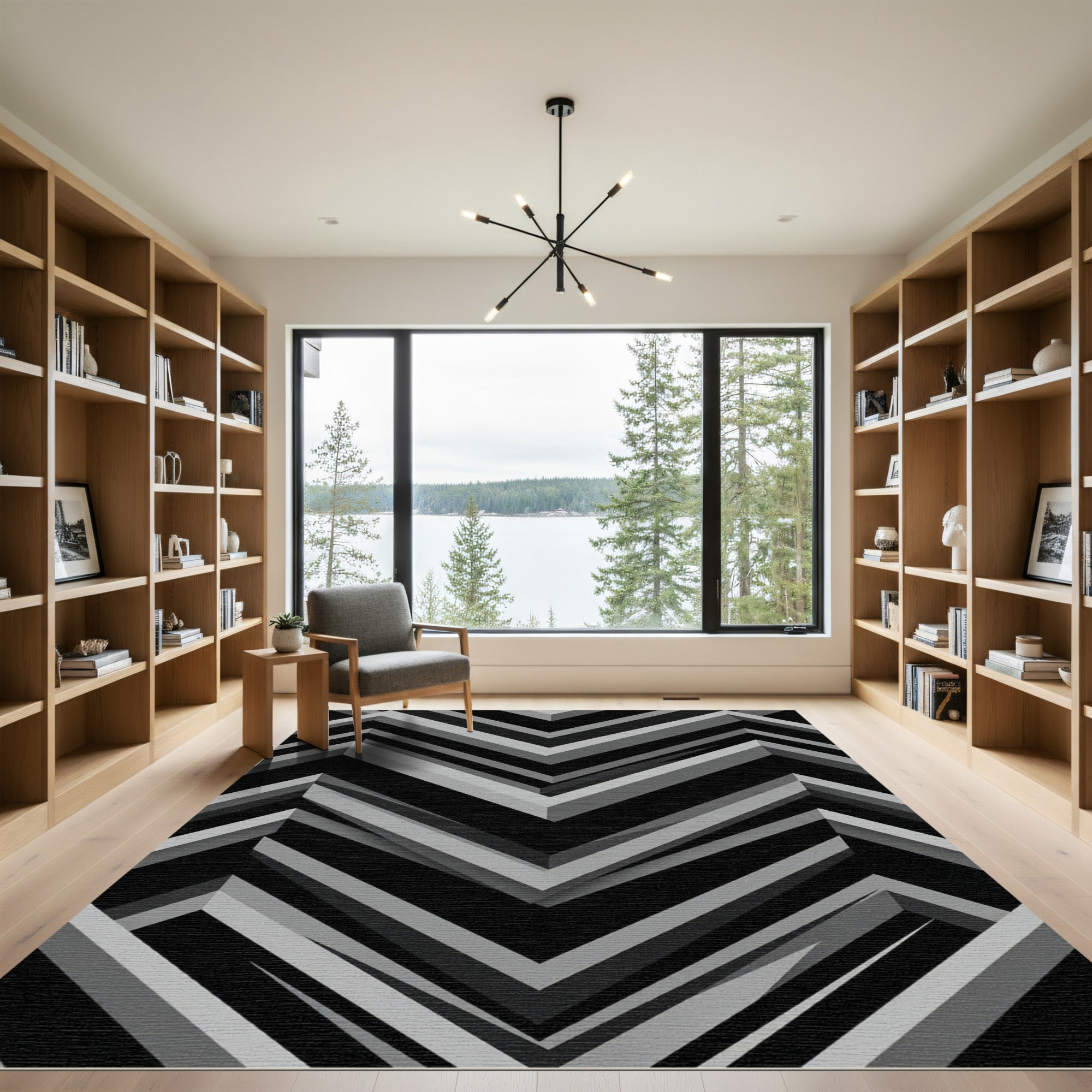 Modern Monochrome Chevron Geometric Art Rug