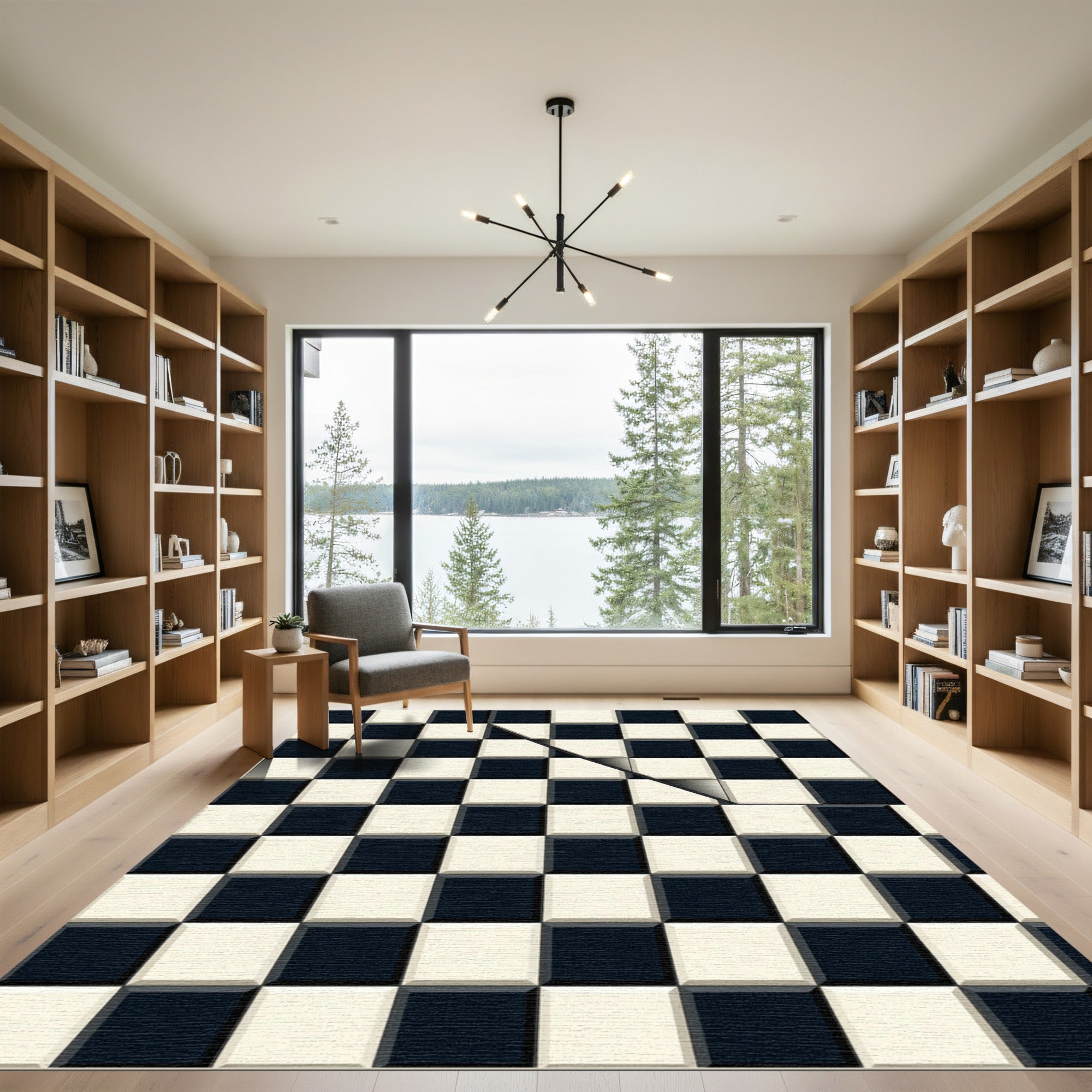 Black Cream Checkerboard Line Relief Rug