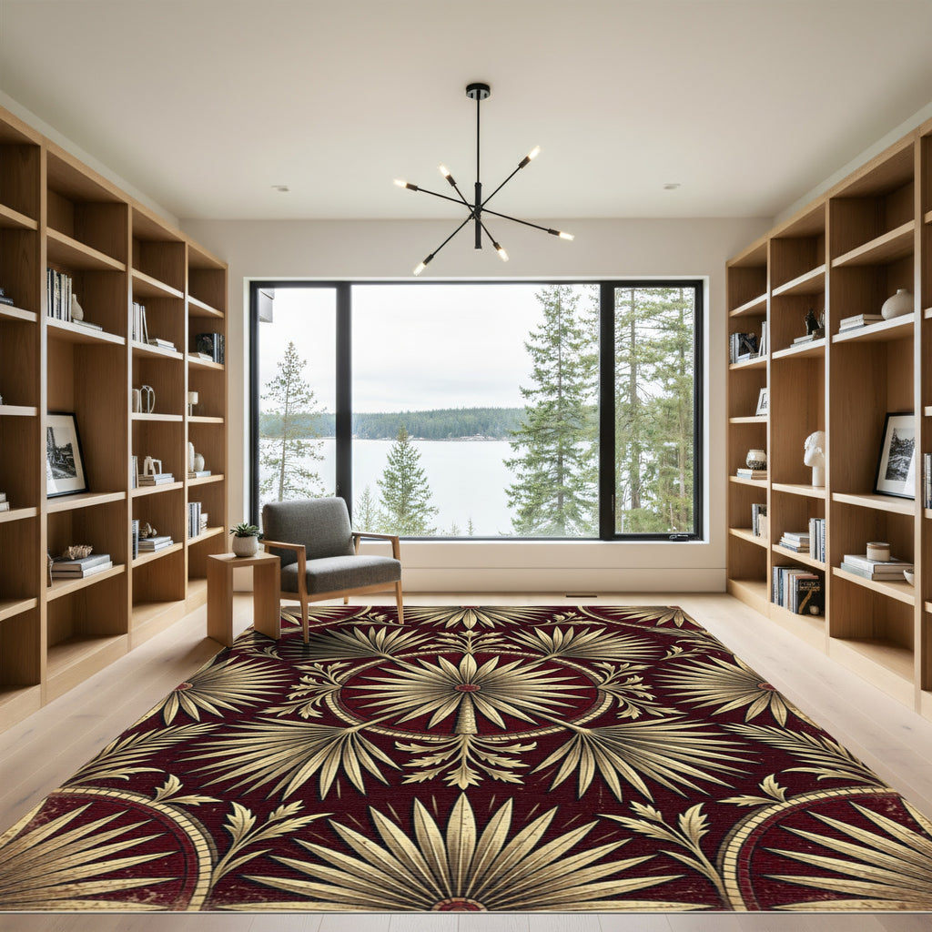 Golden Palm Fan Deep Crimson Medallion Rug