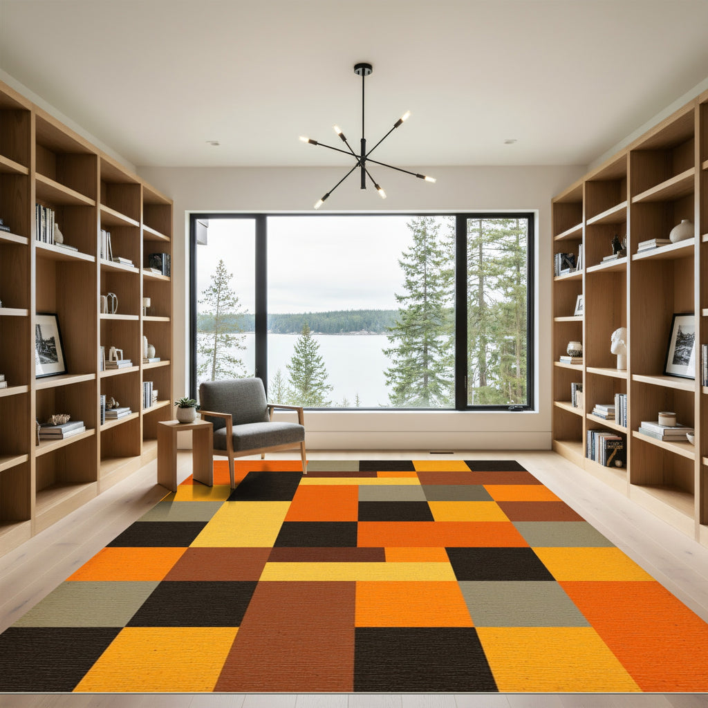 Modern Geometric Earth Tone Grid Rug