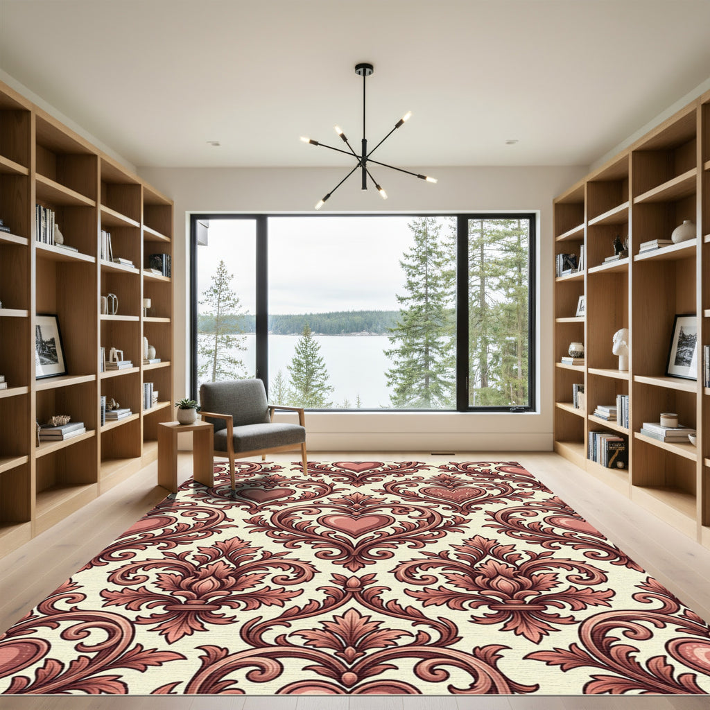 Romantic Damask Heart Scroll Crimson Accent Rug