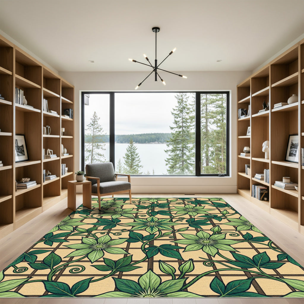 Earthy Green Clematis Trellis Grid Rug