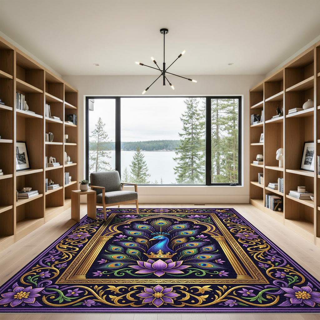 Royal Peacock Purple Lotus Gold Filigree Rug