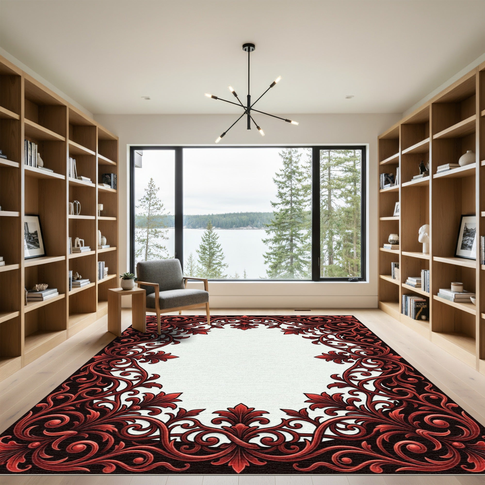 Ornate Red Leaf Scroll Border Rug