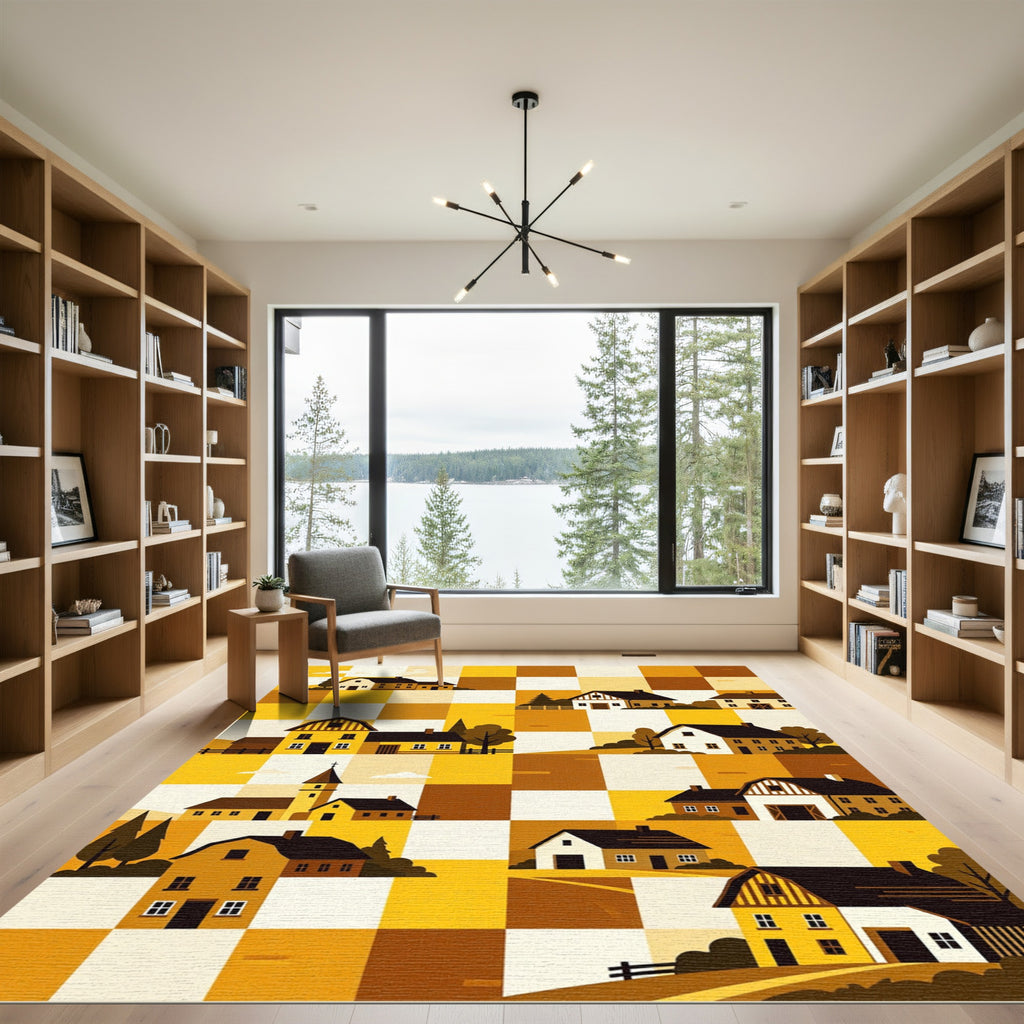 Golden Farmhouse Checkerboard Countryside Illustration Rug