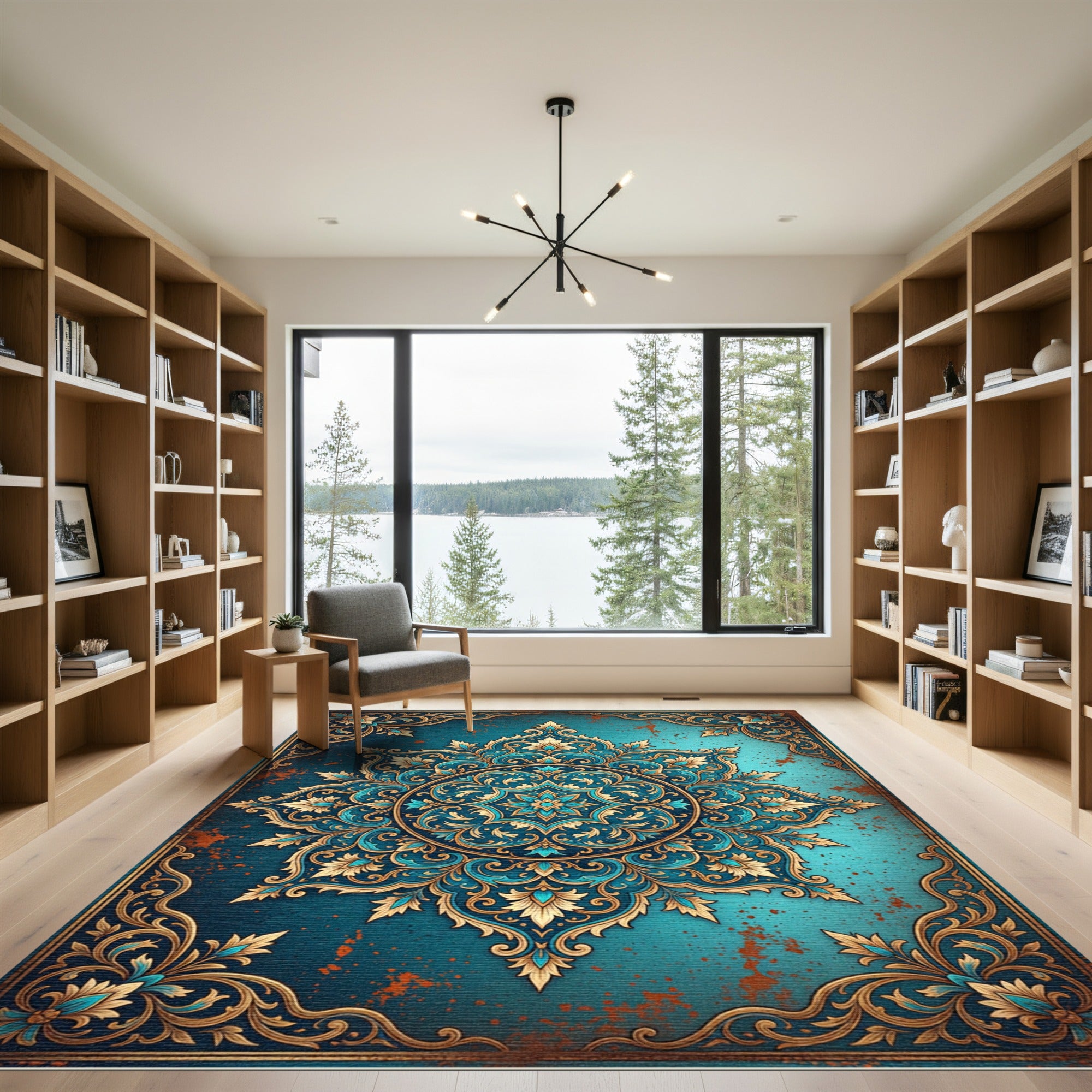 Ornate Teal Floral Medallion Scroll Rug