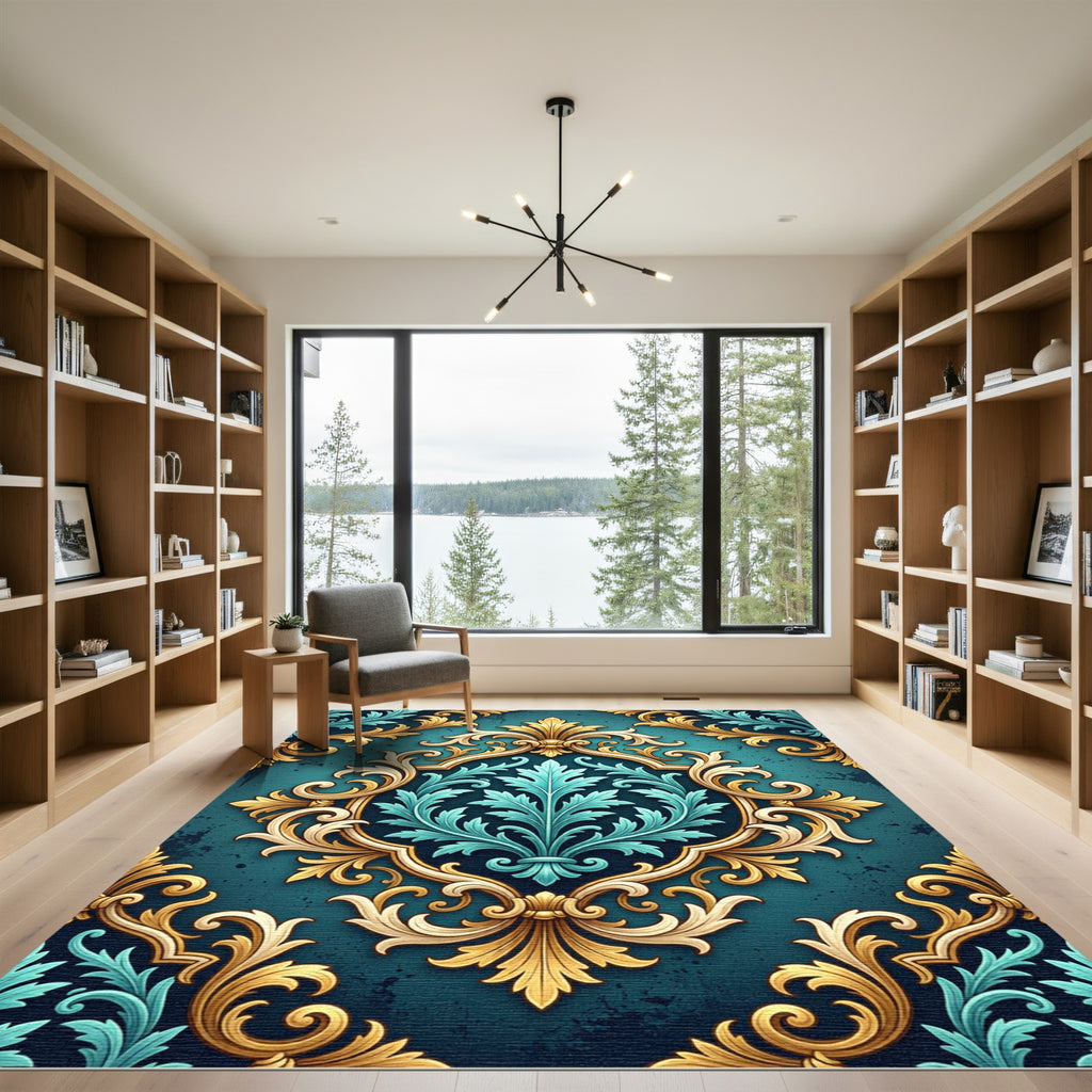 Elegant Gold Teal Damask Ornate Scroll Rug