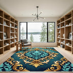 Elegant Gold Teal Damask Ornate Scroll Rug