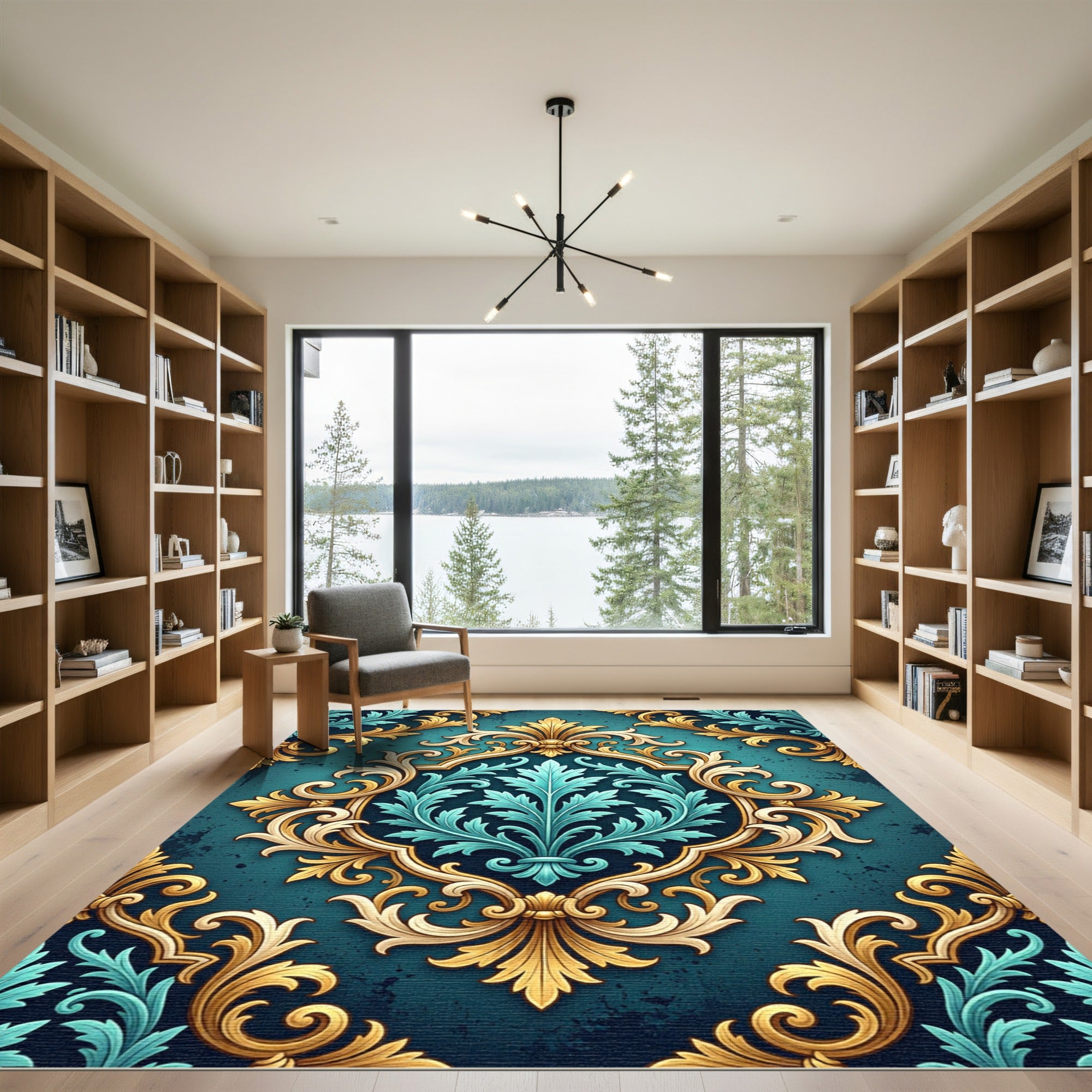 Elegant Gold Teal Damask Ornate Scroll Rug