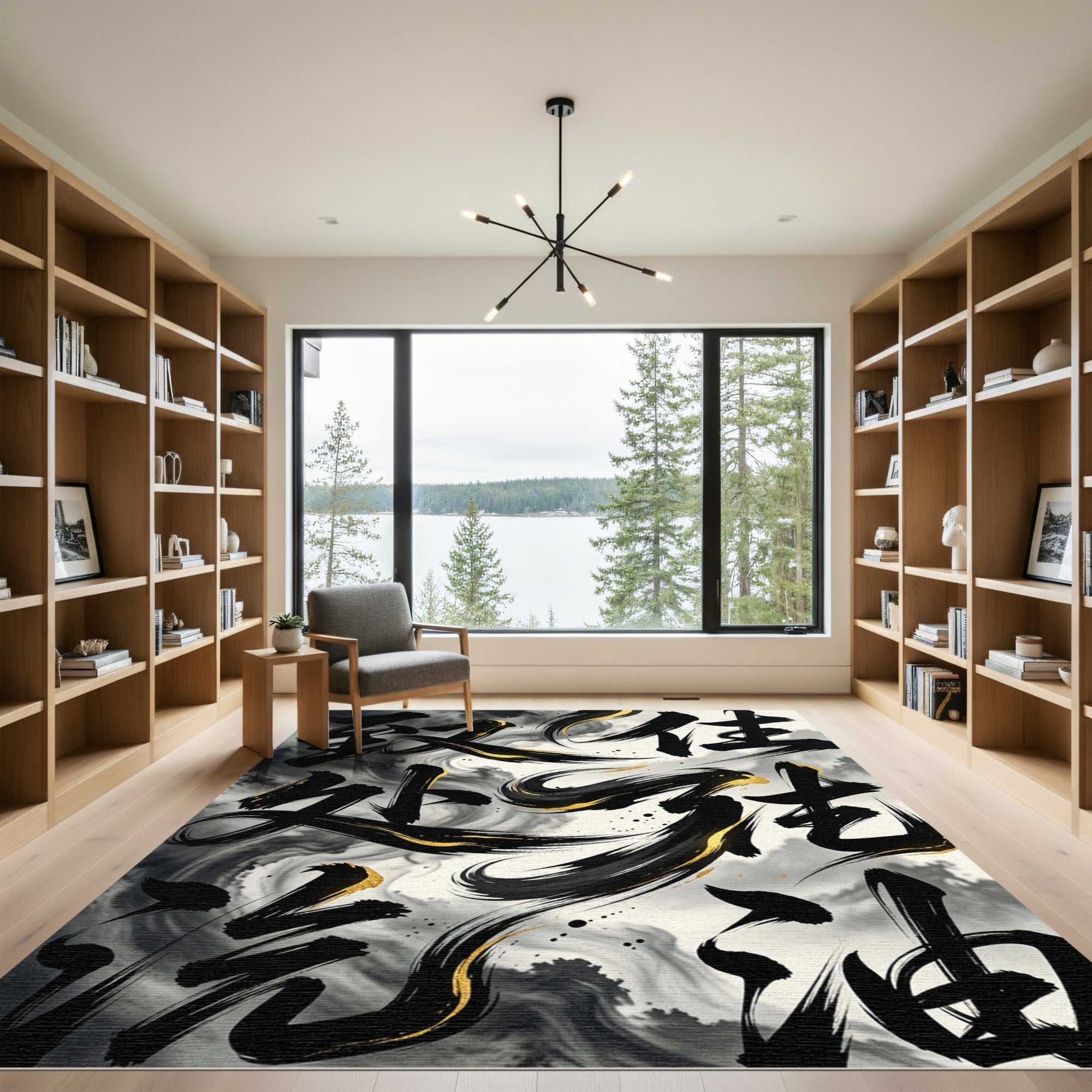 Elegant Black Gold Zen Ink Abstract Rug