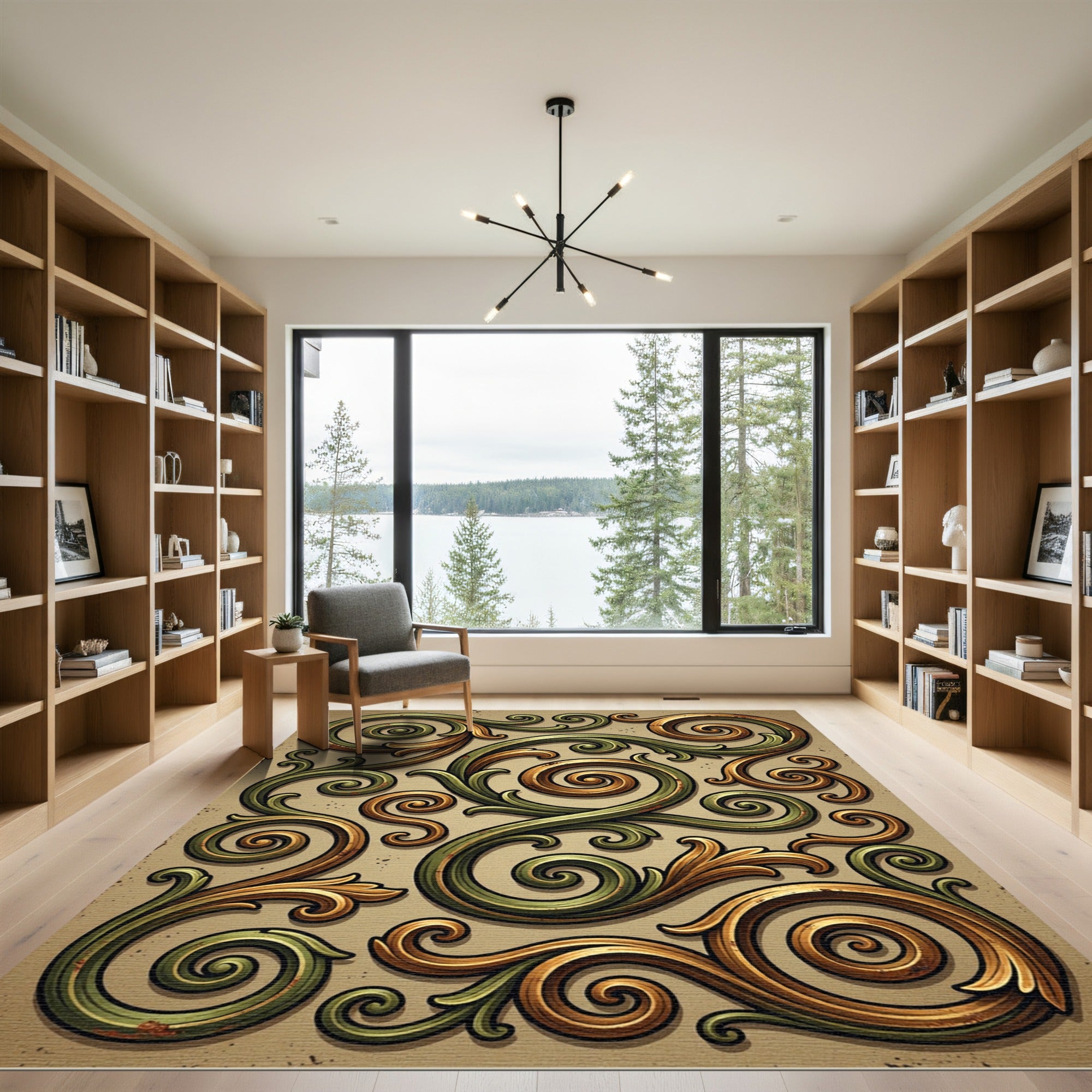 Ornate Green Gold Swirl Scroll Rug