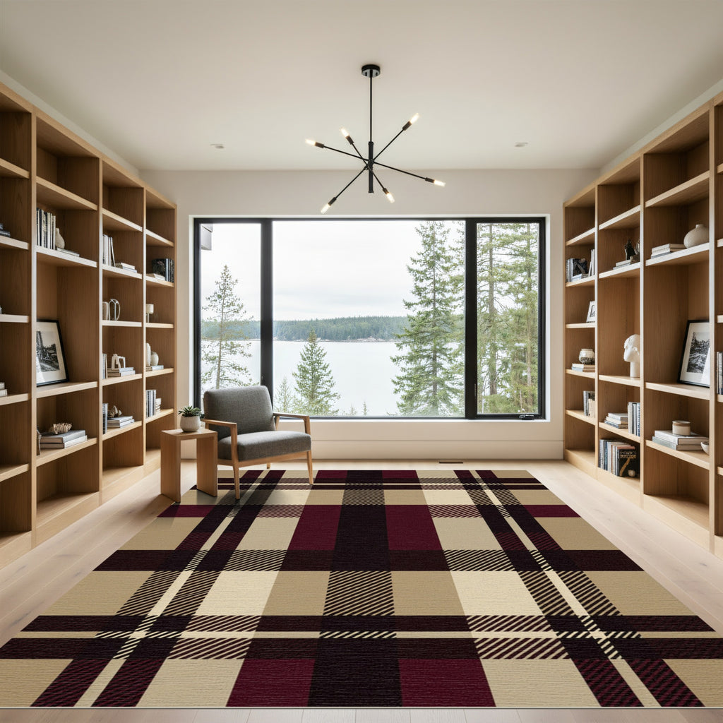 Classic Burgundy Tan Plaid Squares Rug