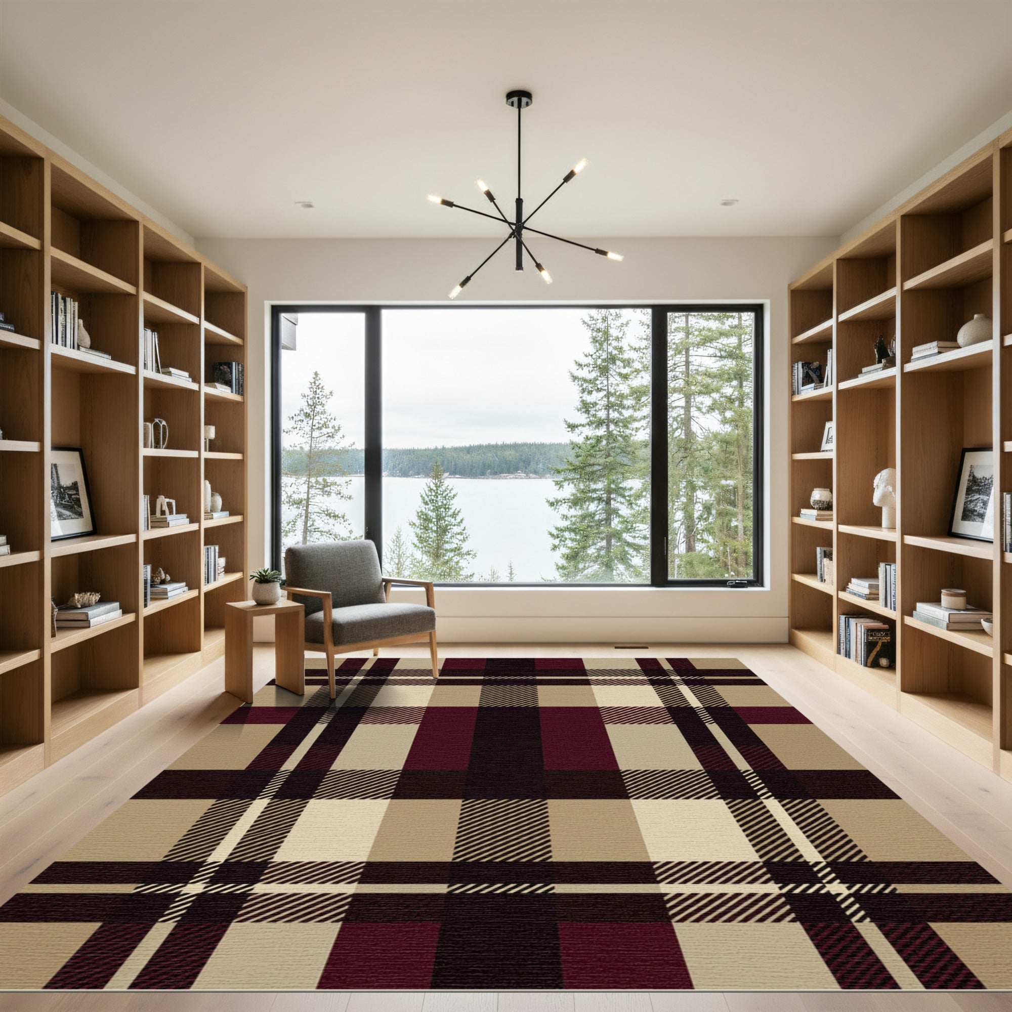 Classic Burgundy Tan Plaid Squares Rug