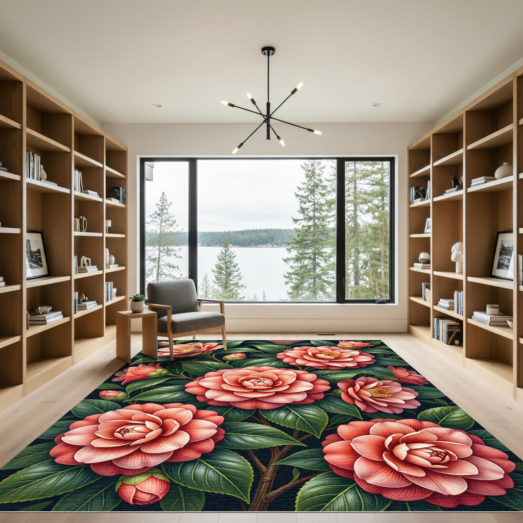 Lush Coral Camellia Botanical Garden Rug