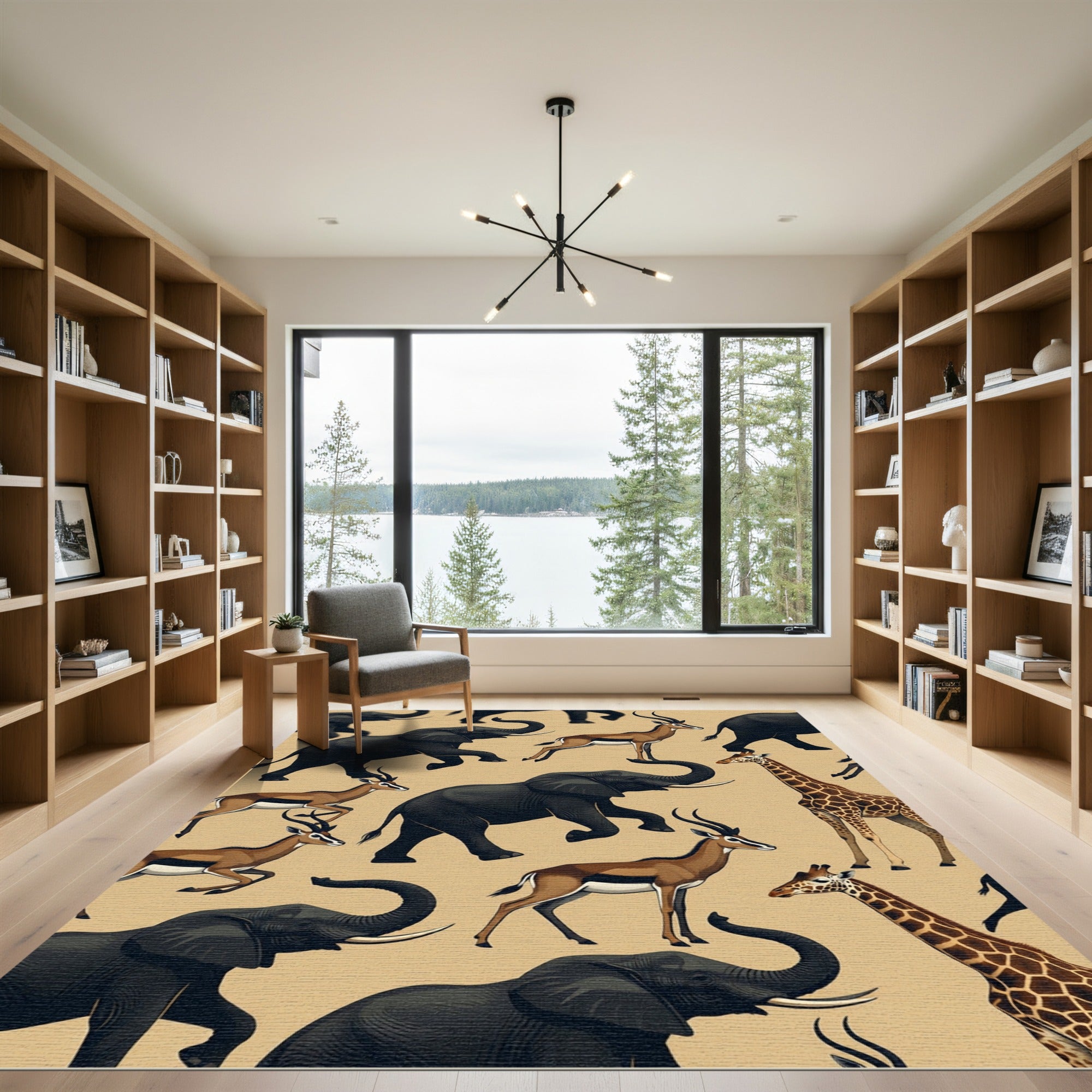 Safari Animal Illustration Cream Area Rug