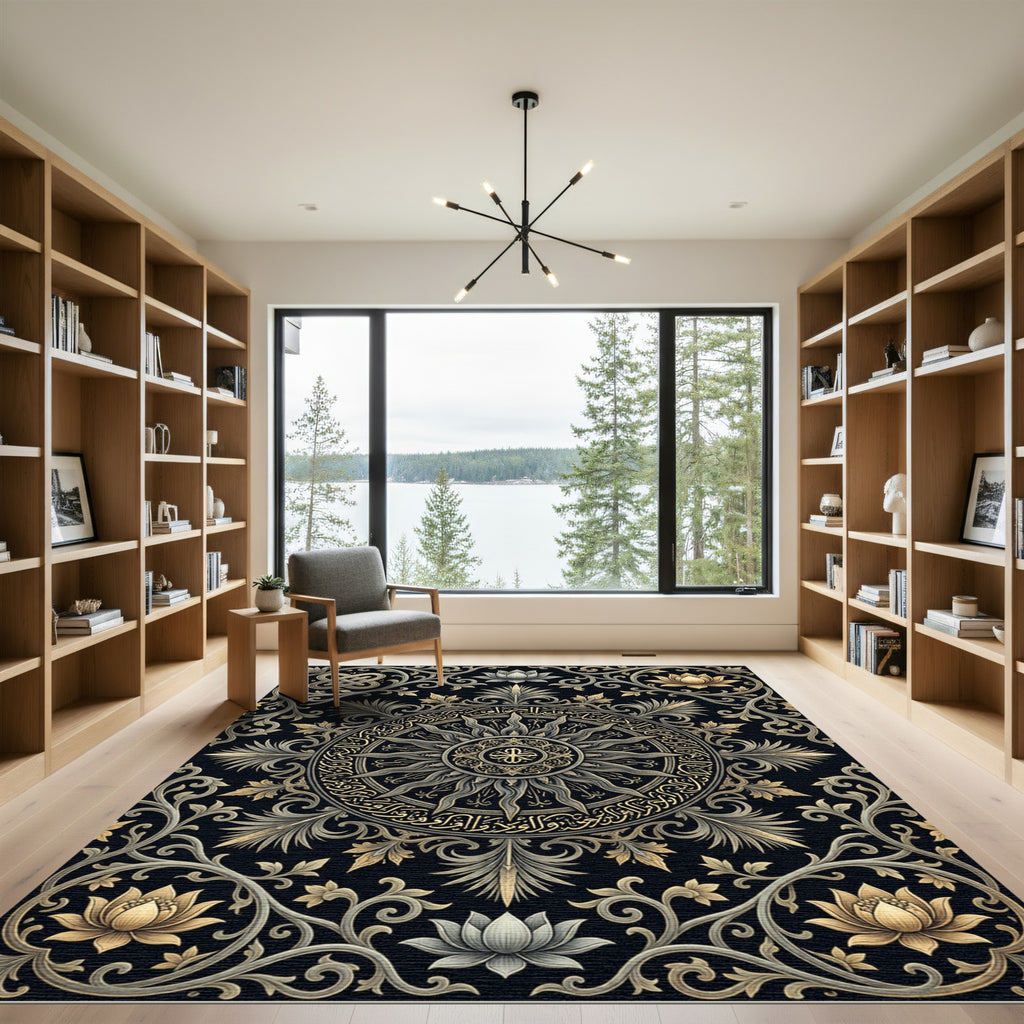 Gilded Lotus Mandala Charcoal Black Tapestry Rug