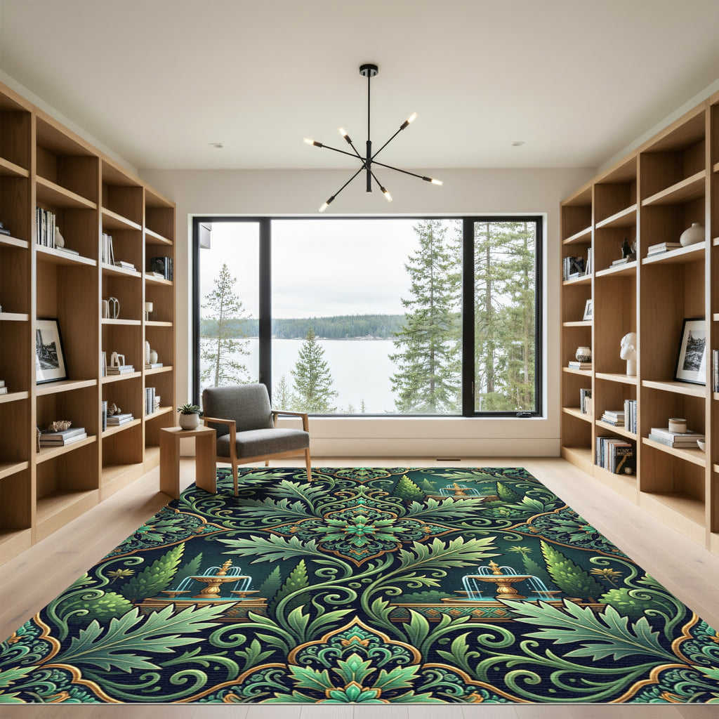 Emerald Green Garden Fountain Scrollwork Rug