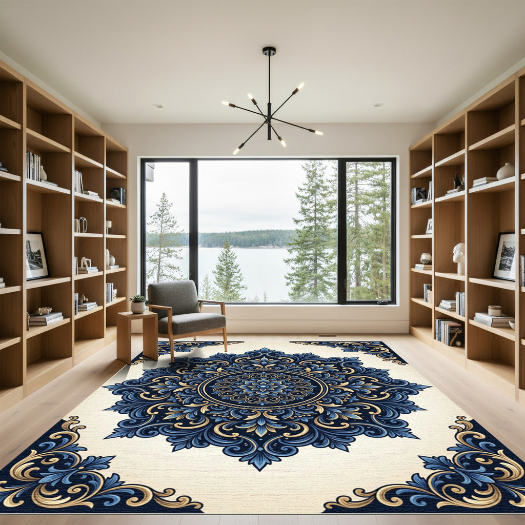 Intricate Blue Golden Floral Medallion Rug