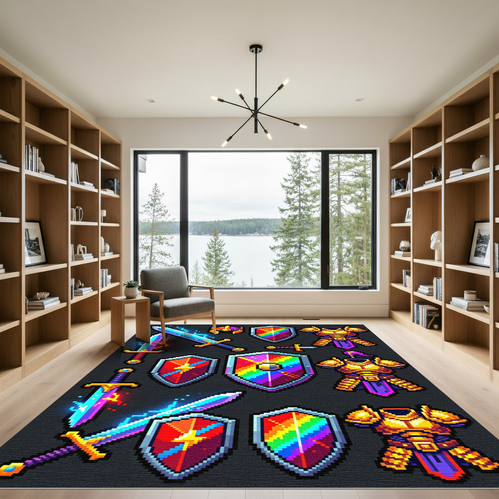 Pixelated Epic Fantasy Knight Icon Collection Rug