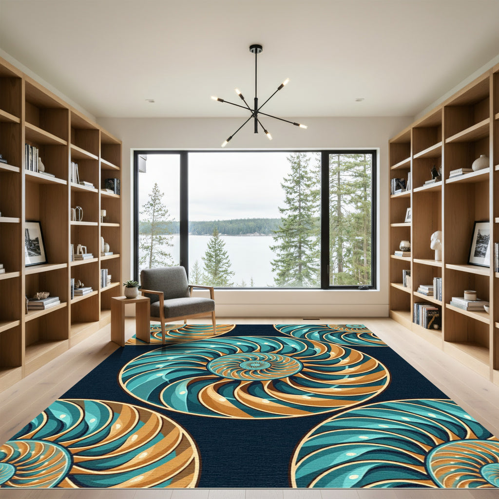 Teal Gold Nautilus Shell Swirl Rug